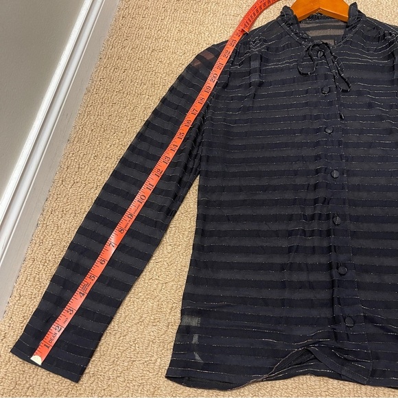 Vintage Italian Sheer Shimmer Button-Up Ribbon Blouse Black Gold - Picture 15 of 16